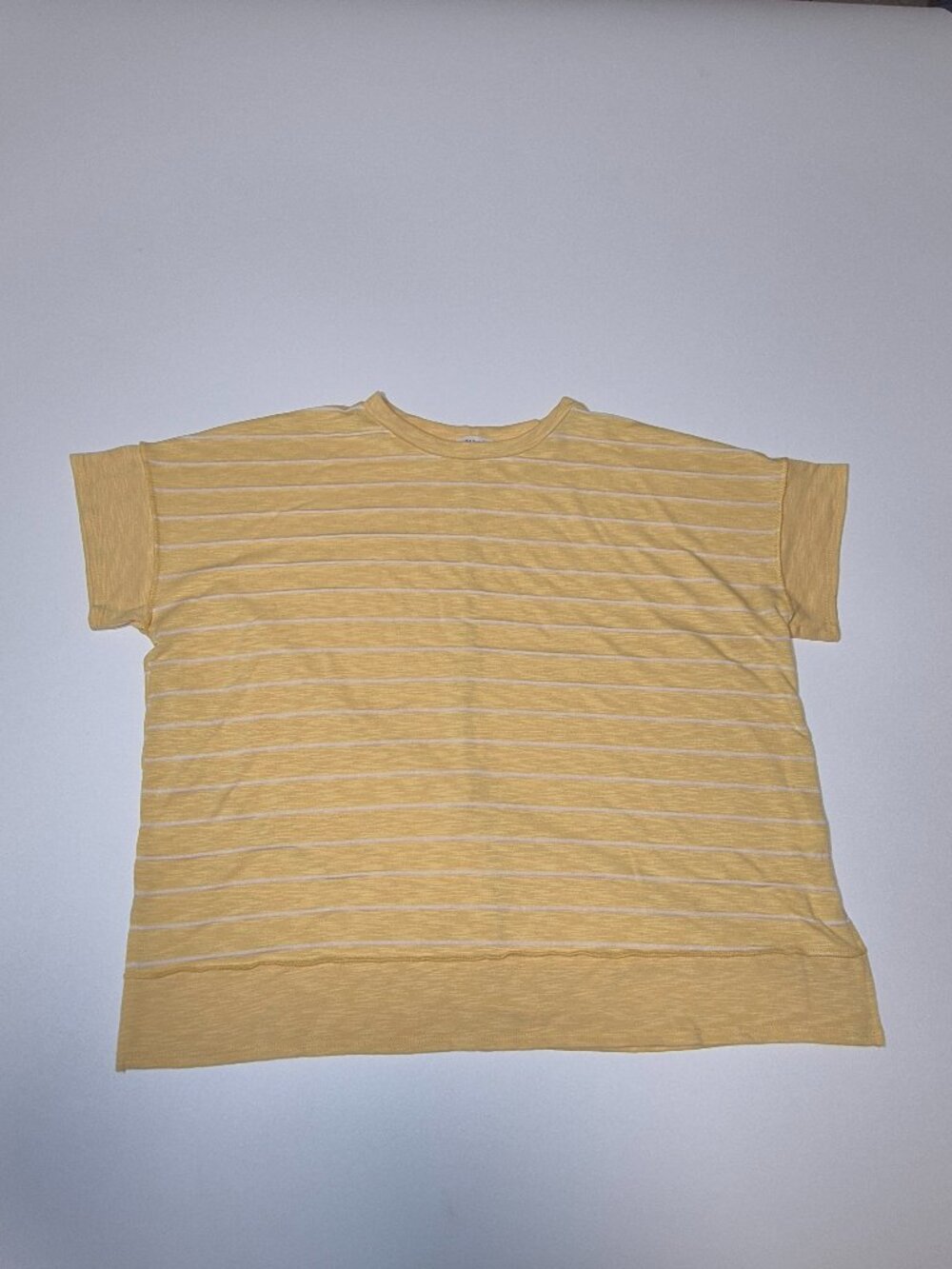 First Love by Lovelyn Blouse Size 1X Yellow White Striped Short Sleeve Top